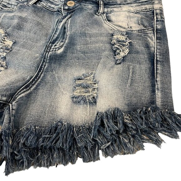 Elite Jeans Distressed Daisy Duke Fringe High Rise Wedgie Denim Jean Shorts - Picture 2 of 7